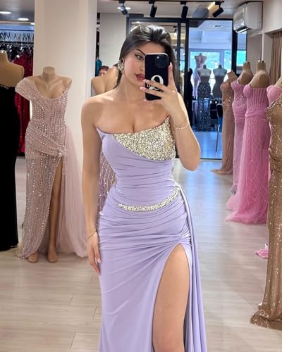 Mermaid Prom Dresses for Women Sparkly Sequins Spandex Satin Formal Dress with Slit Strapless LW1452