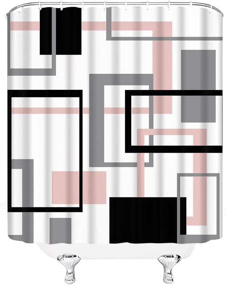 Geometric Shower Curtain Pink Gray Black White Geometry Abstract Square Geo Aesthetic Modern Art Extra Long Bathroom Home Curtain with Hooks,70" Wx78 H