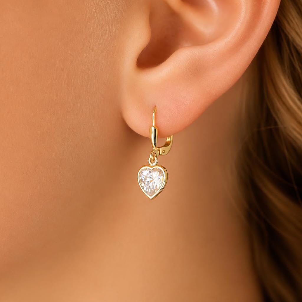 CLEVER SCHMUCK Damen Ohrringe Gold 23 mm mit Zirkonia Herz 8 mm glänzend 925 STERLING vergoldet im Luxus Etui