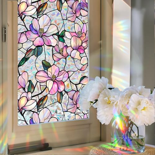 Image of JOONOR Purple Magnolia Flower Sunroof Film Floral Rainbow Effect Static Clings Window Privacy Film Sun Protection Stained Glass Decals for Car Moonroof & Side Windows, 17.72 x 35.43 Inch