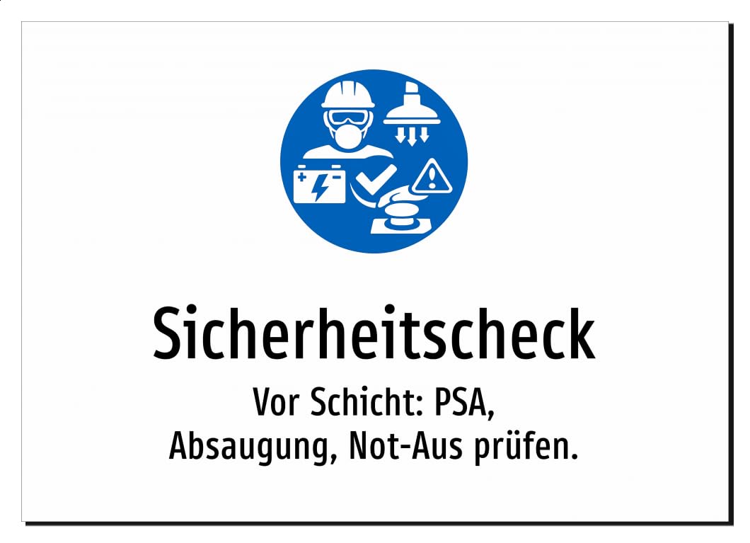 36258-DE-S-13 | Sicherheitscheck - Vor Schicht: PSA, Absaugung, | Aufkleber A2, 594 x 420mm | mit Symbolgrafik und Text
