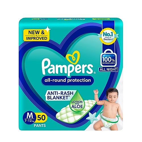 Image of Pampers Complete Skin Comfort Pants, Anti-rash blanket, Lotion with Vitamin E & Aloe Vera, Medium size baby diapers (MD) 50 Count, 7-12kg
