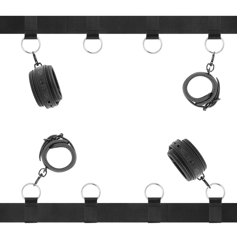 Bettfessel-Set – Luxus Bondage Set mit Hand- & Fußfesseln aus veganem Leder & Neopren – Verstellbares BDSM Bettband für Anfänger & Fortgeschrittene – Matratzen-Komplettsystem
