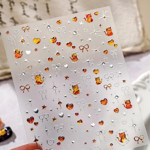 Image of Cat Nail Stickers Decals Bow Nail Art Stickers with Jelly Design Orange Color Nail Decals for Nails Art 5D Embossed Self Adhesive Star Heat Nails Sticker for Women Girls Kid Manicure Charms Decoration