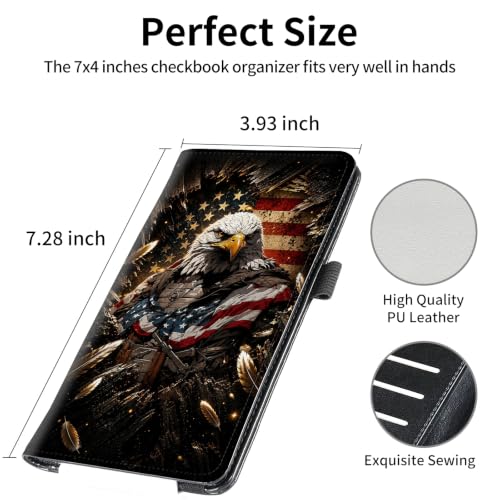 Image of FUYOCWE Patriotic Bald Eagle USA Flag Checkbook Cover for Men & Women | RFID Blocking Vegan Leather Checkbook Case Card Holder for Personal and Business Checks with Pen Holder & Elastic Band