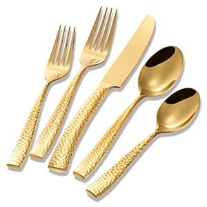 Silverware Set Gold Hammered Pattern Flatware Cutlery Stainless Steel Mirror Polished Utensil 20-Piece Spoons Forks and Knives Dishwasher Safe Service for 4