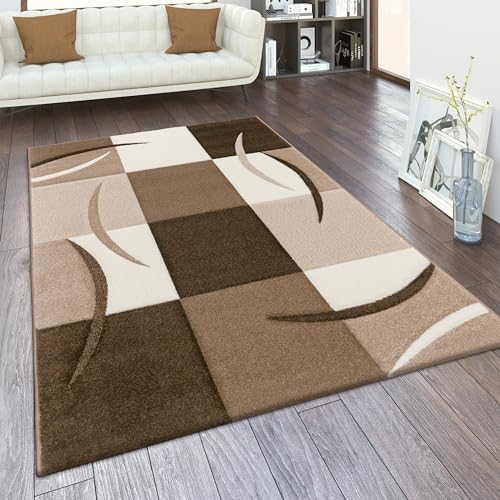 Paco Home Tapis De Salon en Diff. Coloris Et Tailles Motif Carreaux Rayures Design 3D Poils Ras, Dimension:80x150 cm, Couleur:Marron
