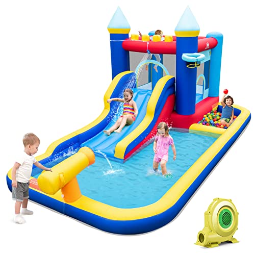 HONEY JOY Inflatable Water Slide, Giant Water Bounce House & Water Park for Kids Backyard, Ball Pit & Splash Pool, Outdoor Blow up Castle Water Slides Inflatables for Boys Girls(with 735w Blower)