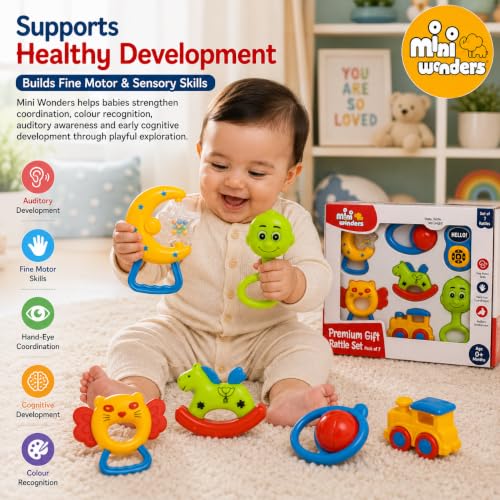 Image of Mini Wonders Baby Rattle Set of 7 | Newborn Rattle Gift Set for Boys & Girls | Safe & Colorful Infant Toys for Early Learning & Sensory Play | Ideal Gift Pack for 0-12 Months Babies