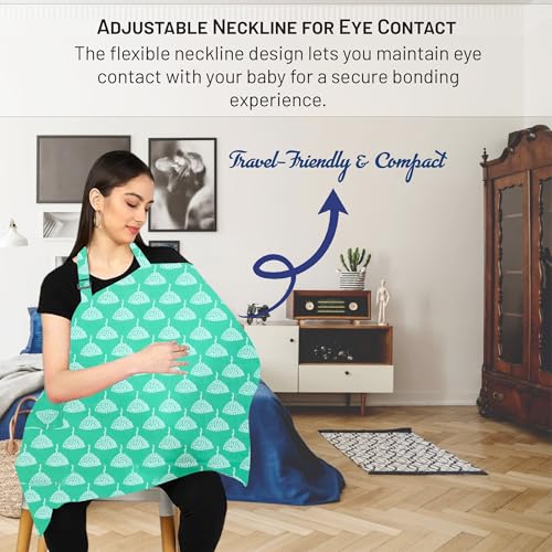 Image of ZIKKU 100% Cotton Nursing Cover for Breastfeeding, Soft and Breathable, Feeding Apron /Cover for Nursing Moms, Lightweight and Comfortable Maternity Breastfeeding Cover with Mobile Pocket (Mint Green Color with Floral Design)