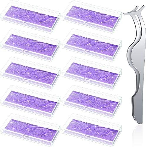10 Pieces Empty Eyelash Case Glitter Paper Plastic Eyelash Packaging Box False Lashes Cases Holder Storage Box with Clear Tray and False Eyelash Applicator Makeup Tool for Women Girls (Purple)