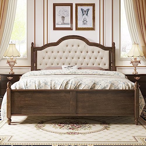 King-Size-Wood-Bed-Frame-with-Upholstered-Headboard-Solid-Wood-Platform-Bed-with-Linen-Tufted-No-Box-Spring-Needed-Easy-Assembly-Walnut King Size Wood Bed Frame with Upholstered Headboard Solid Wood Platform Bed with Linen Tufted No Box Spring Needed Easy Assembly Walnut