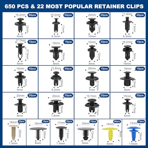 Image of CAREWAL 650pcs Push-Type Retainer Clips, Bumper Fender Nylon Rivets of 22 Most Popular Sizes and 5 Fastener Removers for Toyota GM Ford Honda Acura Chrysler