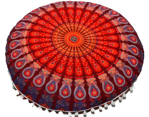 Round Mandala Floor Pillow Cover Seating Cushion Throw Cover Ottoman Pouf Cover Pom Pom Pillow Cases Hippie Decorative Bohemian Boho Indian 22 Inches (Maroon) #TOP23