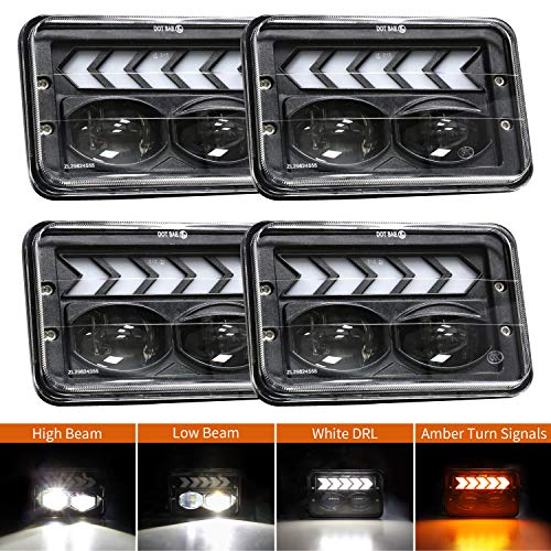 Rectangular 4x6 Headlights Sealed Beam LED Headlights with White DRL Arrow Sequential Amber Turn signals Lights for Kenworth Peterbilt Freightinger Trucks 4PCS