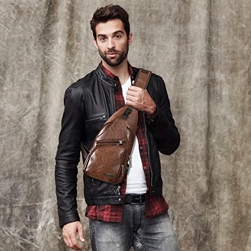 Aucuu Bolso de Pecho de Cuero PU para Hombres. Bandolera Retro Impermeable con Puertos USB. Bolso de Gran Capacidad para Negocios Senderismo Viajes