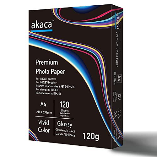 akaca Carta Fotografica Lucida Premium Glossy Photo Paper, A4 (210 x 297 mm), 120 Fogli, 120g, per Tutte Stampanti A Getto d'inchiostro