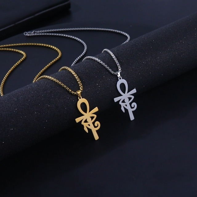 Collier Ankh Oeil D'Horus Ailes Sacrées - Acier Inoxydable Doré, égypte