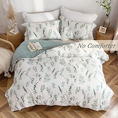 Mildly Farmhouse Duvet Cover Set - 100% Washed Cotton Sage Green Eucalyptus Printed Linen Feel Bedding Set With Zipper Closure 4 Ties Queen Size #TOP2