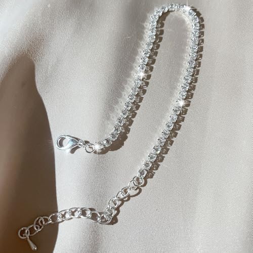 Image of Silver Anklets for Women Shiny Tennis Anklet Silver Adjustable Rhinestone Ankle Bracelets Waterproof Beach Anklets Bracelet for Women Foot Jewelry for Summer
