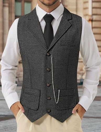 ZEROYAA Mens Lapel Suit Vest Herringbone Waistcoat Dress Vest For Wedding2