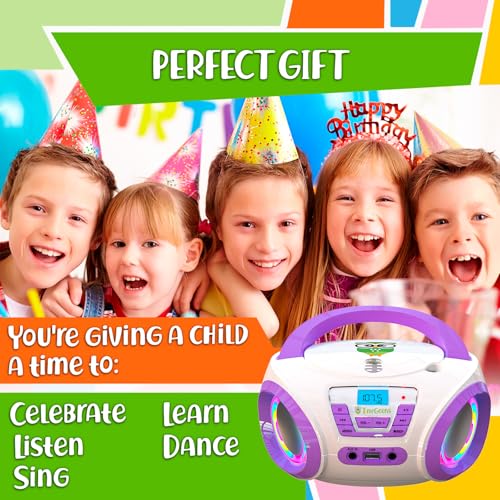Image of TINYGEEKS Tunes Kids Boombox CD Player for Children - FM Radio - Includes Batteries - Purple Radio - CD Player with Speakers for Children and Toddlers - Purple