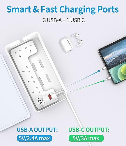 Multiprise 4m avec USB C et 5 prises blanc discret