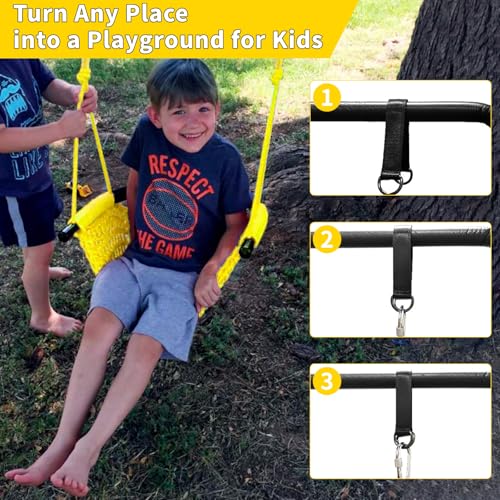 Image of Hi-Na Kids Swing Seats Indoor Hand-Made with Adjustable Rope, Outdoor Tree Child Swing Seat for Backyard, Playground, Outside, Yellow, Polyester