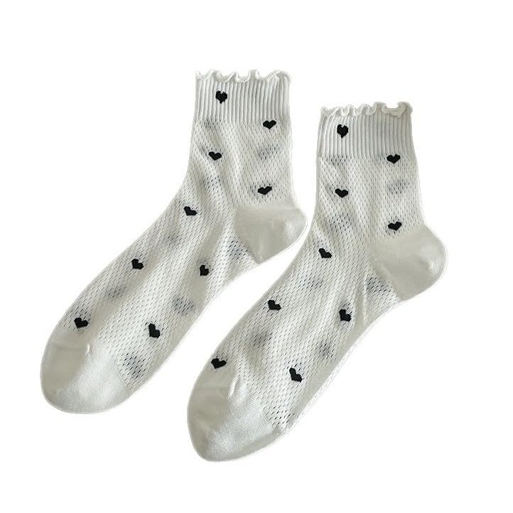 Women's Lace Heart Mesh Socks, Ruffle Top Mid-Calf Summer Sock, Breathable Cute Love Pattern Crew Socks for Casual Outfits