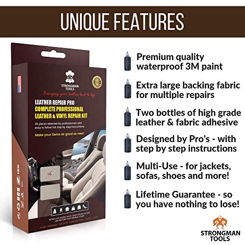 Strongman Tools | 28 Piece Professional Leather and Vinyl Repair Kit, No Heat, Fast Drying, Simple 7 Step Instructions, Match Any Color, Car Seats, Sofas, bags, Shoes, Jackets, Boat Seats and Couches!