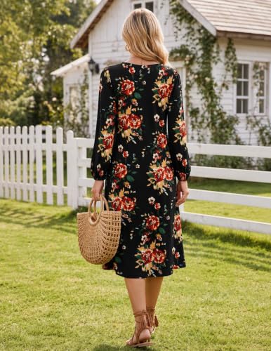 Image of Zeagoo Fall Dresses for Women Long Sleeve Midi Dress Casual A Line Dresses 2026 Pleated Flare Dress with Pockets