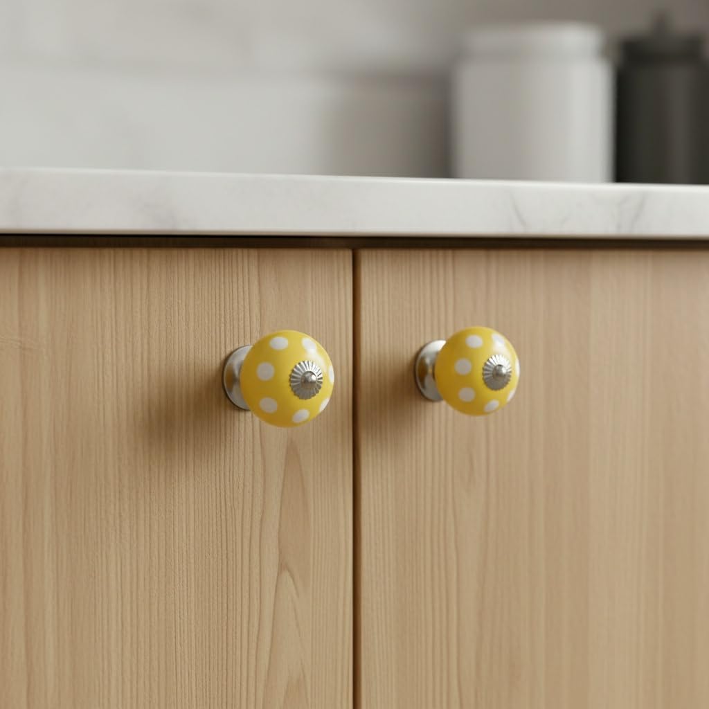 nacnic 8 x Yellow Ceramic Door Knobs Vintage Shabby Chic Cupboard Drawer Pull Handles Set
