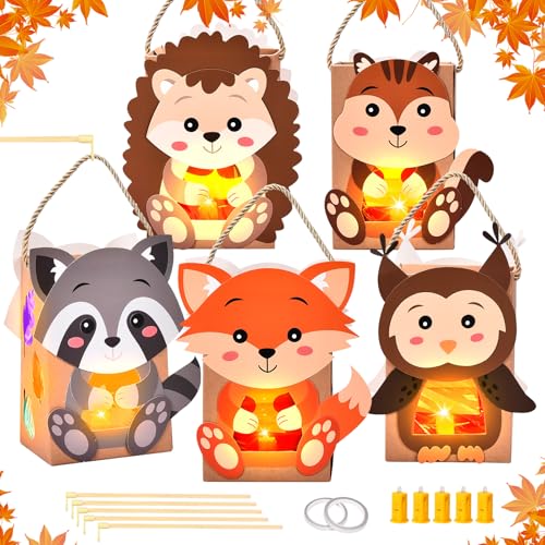 Herefun 5 Stück Herbst Laternen Bastelset, Laterne Kinder Bastelset, Herbst Windlichter zum Basteln Fuchs Eule Waschbär Eichhörnchen Lgel mit Laternenstab, DIY Kreativset Geschenk Mädchen Sankt Martin