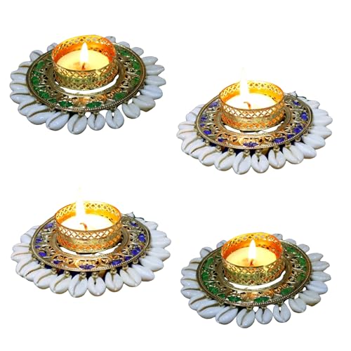 Kiyay SD-42 S Exquisite Indian Diya Tealight Candle Holder Of Metal For Decoration Sea Shells Pearl Kodi Work Decorative Tealight Candle Holder 