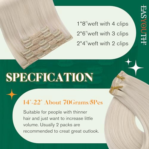 Easyouth Clip in Human Hair Extensions Blonde Clips in Hair Extension Real Human Hair White Blonde Clip ins Extensions Remy Natural Hair for Women 12Inch 70g 5Pcs #1000 - Image 3