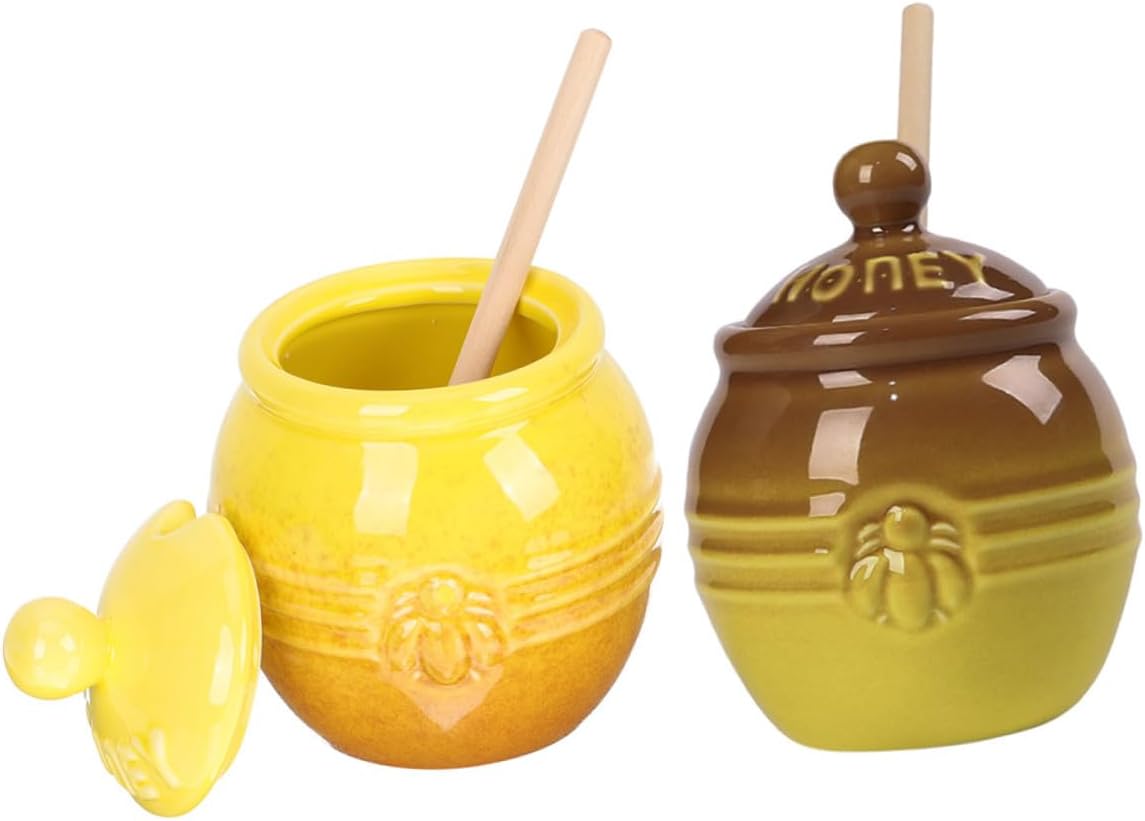 2 Set Ceramic Honey Pots with Wooden Dippers and Lids Food-safe Honey Storage Jars for Kitchen and Table Multipurpose Syrup Dispensers and Decorative Containers
