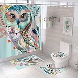Owl 4-Piece Set Shower Curtains Waterproof, Painted 3D Shower Curtain Set, with Non-Slip Rug, Toilet