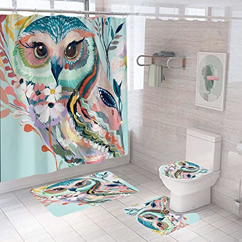 Owl 4-Piece Set Shower Curtains Waterproof, Painted 3D Shower Curtain Set, With Non-Slip Rug, Toilet Lid Cover And Bath Mat, For Bathroom Decoration With 12 Hooks #TOP13