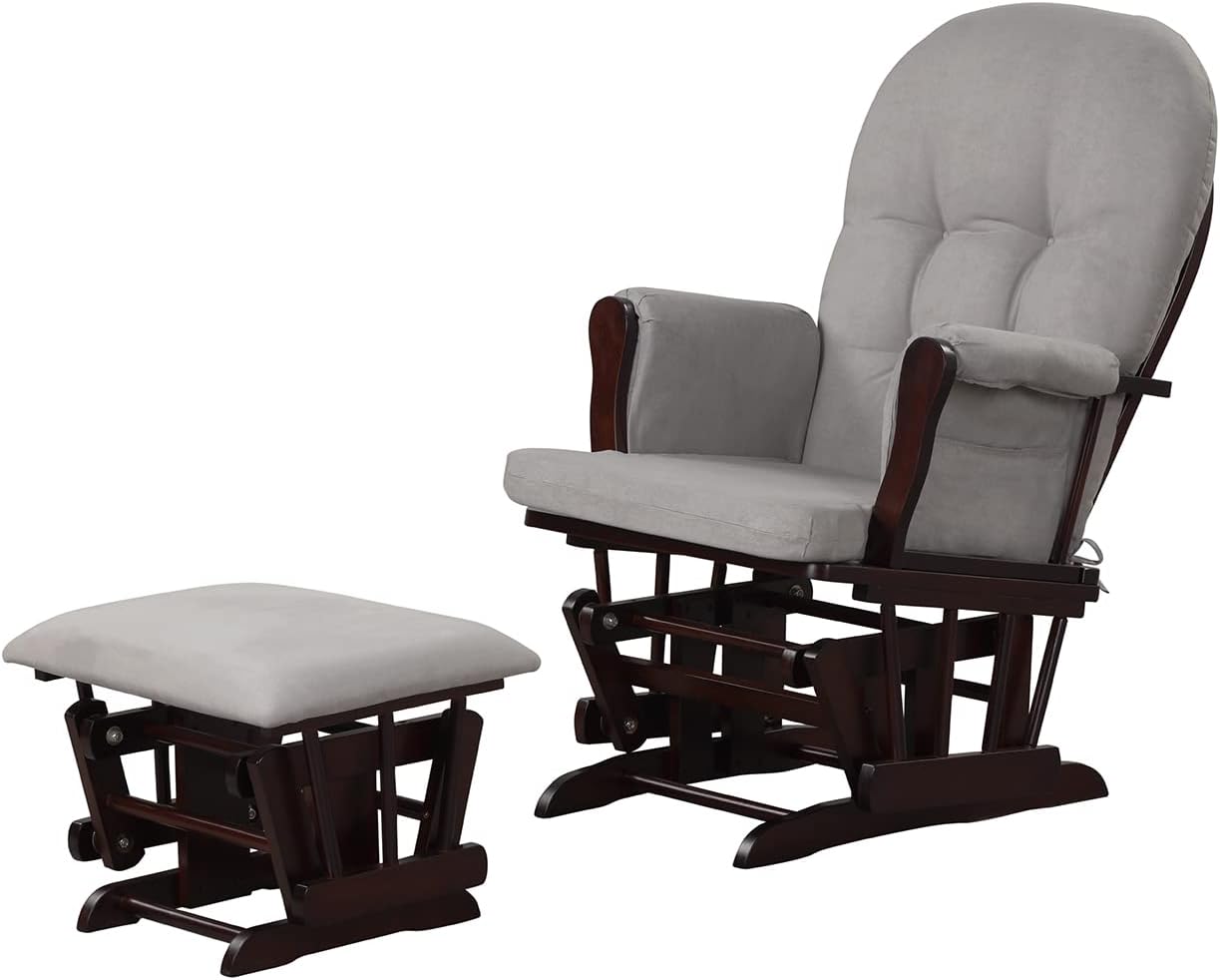 Angel Line Grayson Glider and Ottoman Set, Natural Wood with Gray Cushions, Enclosed Metal Bearings, Storage Pockets, Removable Cushions
