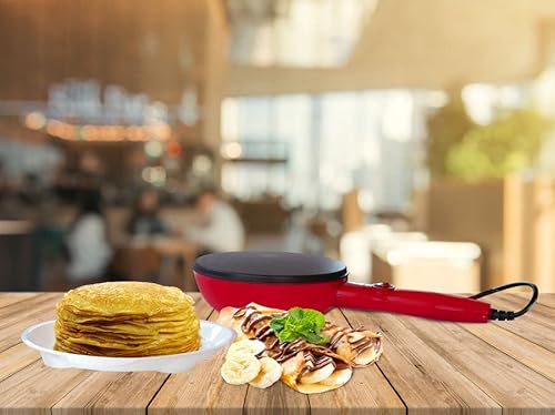 BEHOME Elektrische Crêpes-Pfanne mit Griff für Crêpes, antihaftbeschichtet, 800 W, 20 cm, Rot
