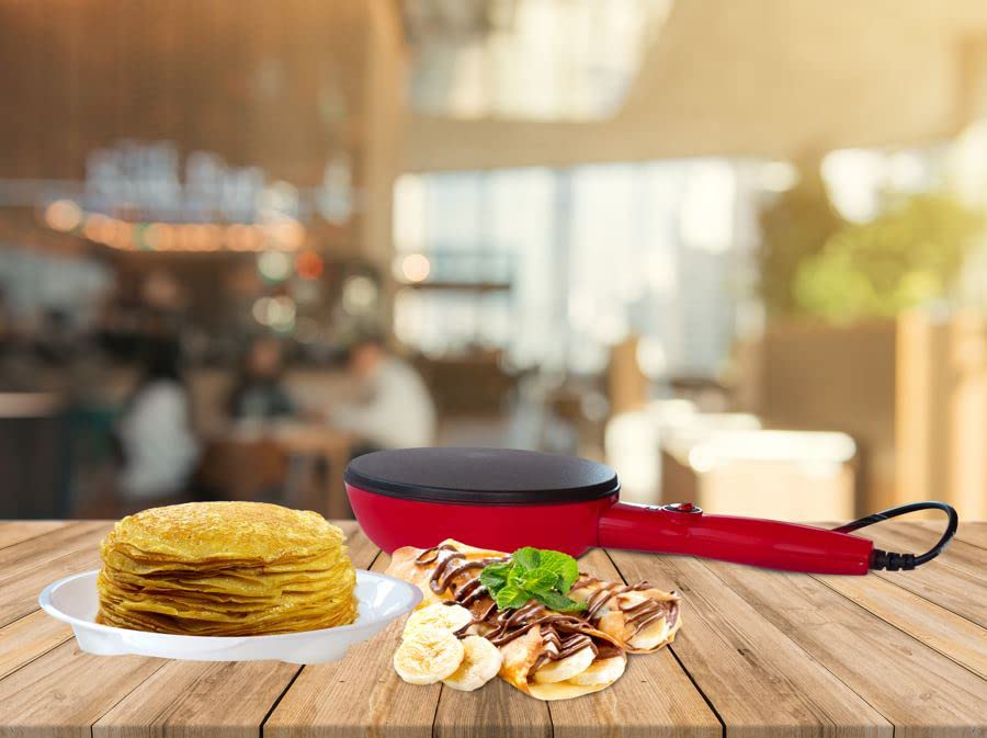 BEHOME Elektrische Crêpes-Pfanne mit Griff für Crêpes, antihaftbeschichtet, 800 W, 20 cm, Rot – Bild 4