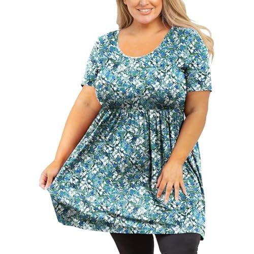 AusLook Women’s Plus Size Tunic Short Sleeve Clothes Scoop Neck Summer Tops Pleated Flowy Loose Fit Babydoll T Shirt L-5X