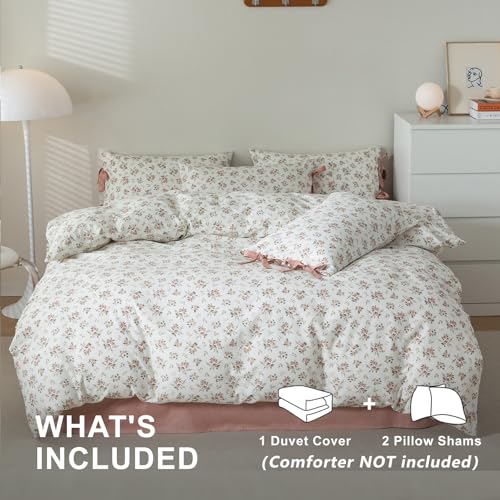 VM VOUGEMARKET Pink Flower Duvet Cover Set Twin 3 Pieces Girls Cottagecore Bedding Set 100% Cotton Peach Floral Comforter Cover with Zipper Closure,Vintage Country Bedding-68x86 Inch