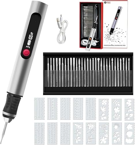 Stylo Graveur Électrique Sans Fil Rechargeable USB - Kit Complet avec 30 Têtes de Gravure et 16 Gabarits pour Métal, Bois, Verre, Pierre, Plastique,...