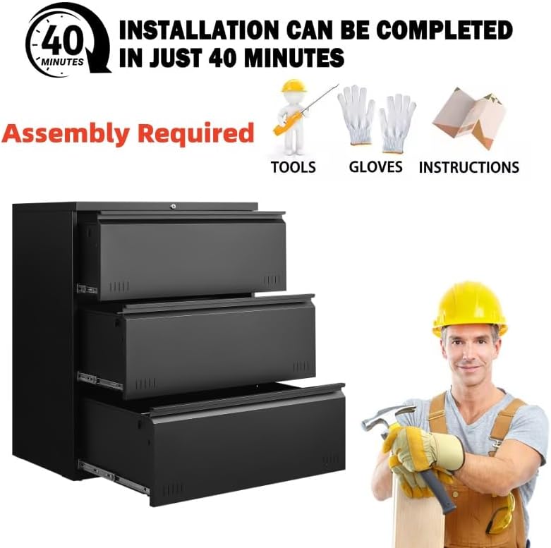 Guizeeopo Metal File Cabinet with Lock, 3 Drawer Lateral File Cabinets for Home Office, Heavy Duty Office Storage Cabinet for A4/Letter/Legal Size, Assembly Required(Black) thumbnail