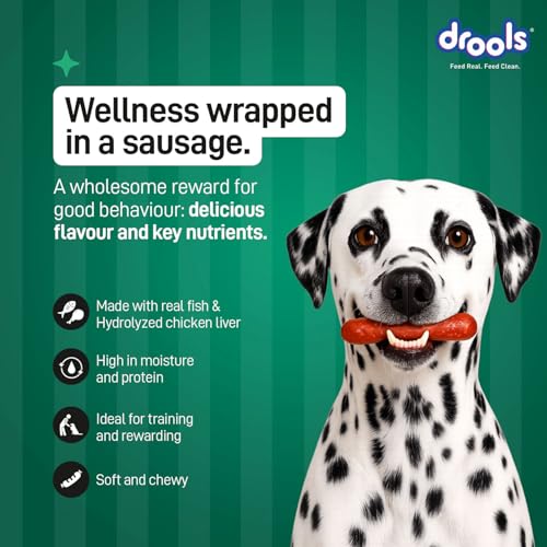 Image of Drools Adult & Puppy Sausage for Dog, 450g | Real Fish Flavour | High Protein | Treat & Food Topper | Grain Free | Best for Training & Bonding | No Preservatives