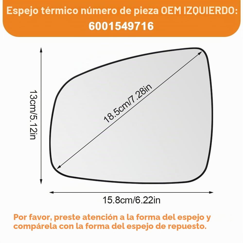 SENZEAL Cristal de Retrovisor Calefactable Izquierda para Renault Dacia Duster 2014-2017 Logan Sandero 2008-2013 Symbol 6001549716 (Izquierda)