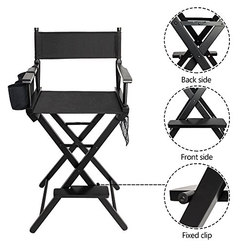 Omysalon Upgraded 31" Height Tall Director Chair Folding Artist Makeup With Replacement Cover Canvas, Storage Side Bags, Portable Footrest, Support 250 Lbs,Solid Hardwood & Polyester Black #TOP3