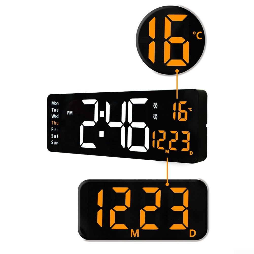 Grande sveglia digitale a LED da parete con calendario e visualizzazione della temperatura, luminosità regolabile a 10 livelli, telecomando, formato 12/24 ore, decorazione per interni per
