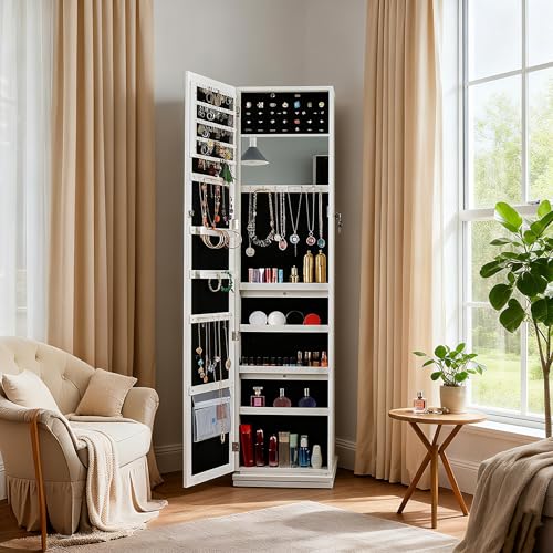 4-In-1 Jewelry Cabinet Organizer with Full-Length Mirror, 360° Swivel Lockable Standing, Inside Makeup Mirror, Back Storage Shelves, Jewelry Armoire for Space-Saving, Gift Idea, White - Image 3
